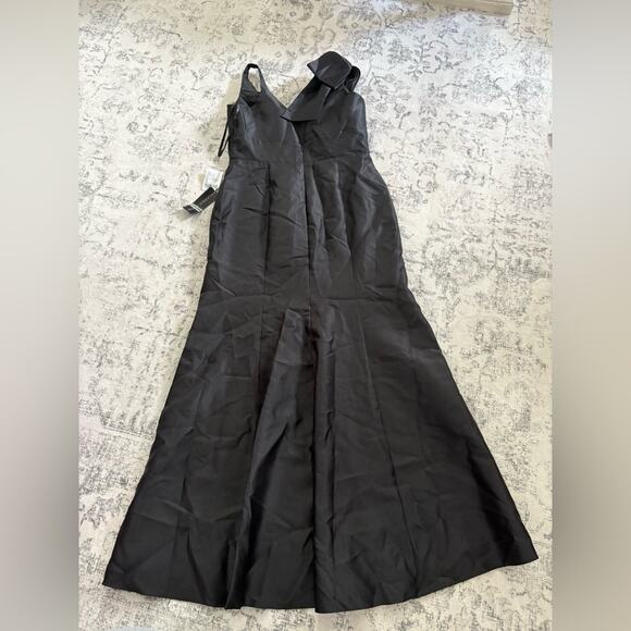 Alfred Sung Deep V Back Satin Trumpet Dress Black Size 14 NWT Bow Shoulder Fancy - Picture 4 of 9